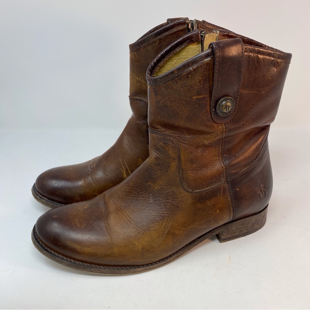 FRYE Melissa Women's 7.5 B Brown Genuine Leather Ankle Boots Cowgirl Zip Up - Picture 4 of 16